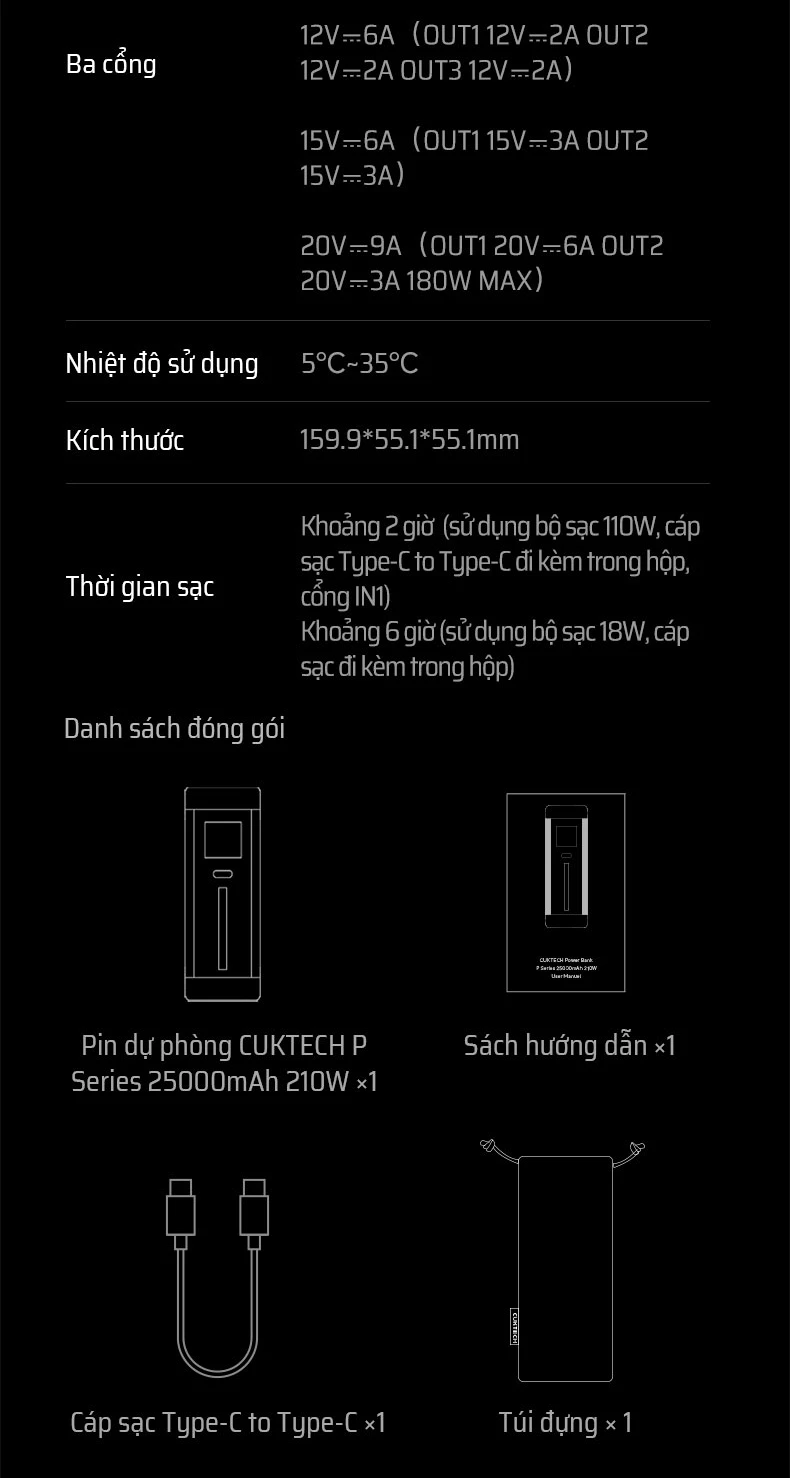 Pin dự phòng Cuktech 20 Power Bank 25.000mAh 210W PD3.1/PPS5A/QC/Mi Turbro 120W - P23