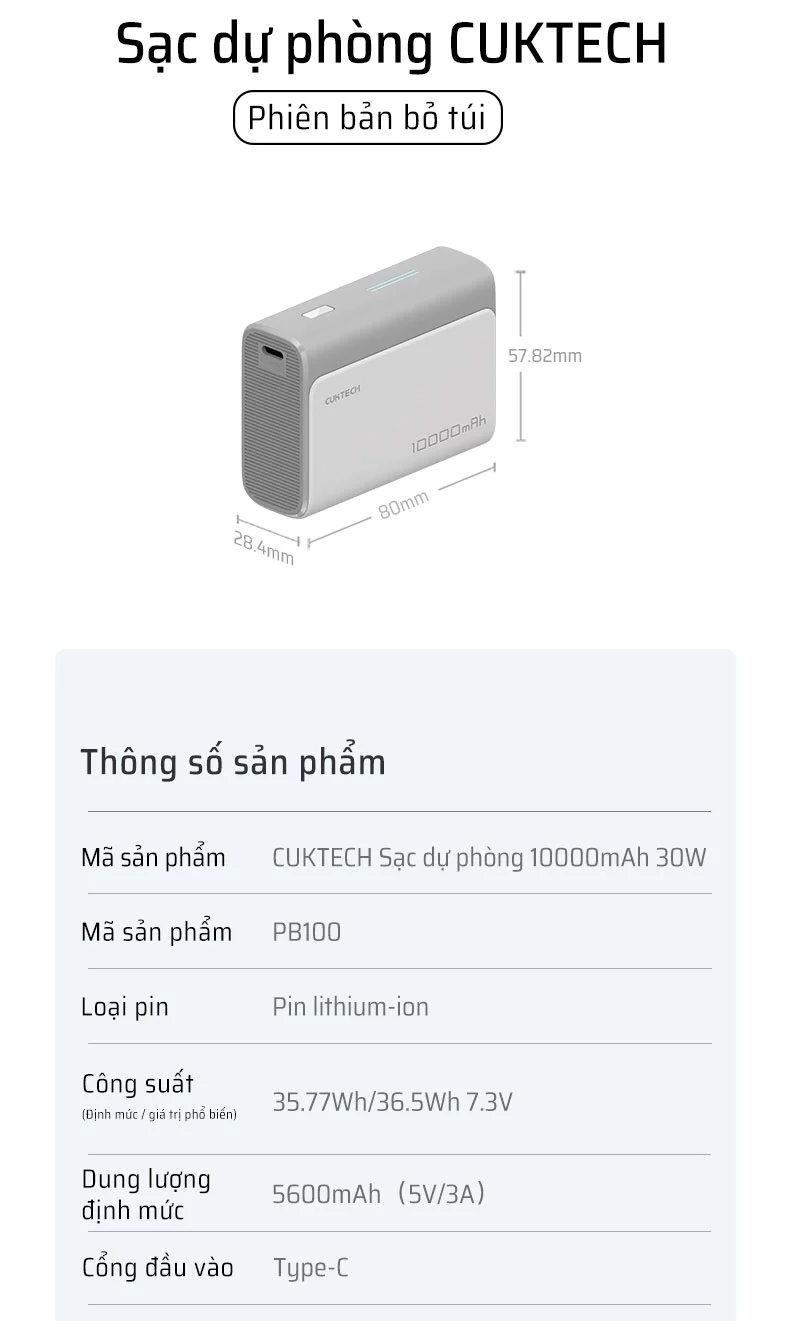 Pin dự phòng Cuktech 10.000mAh Power Bank 30W PD3.0/PPS/QC3.0/QC - PB100