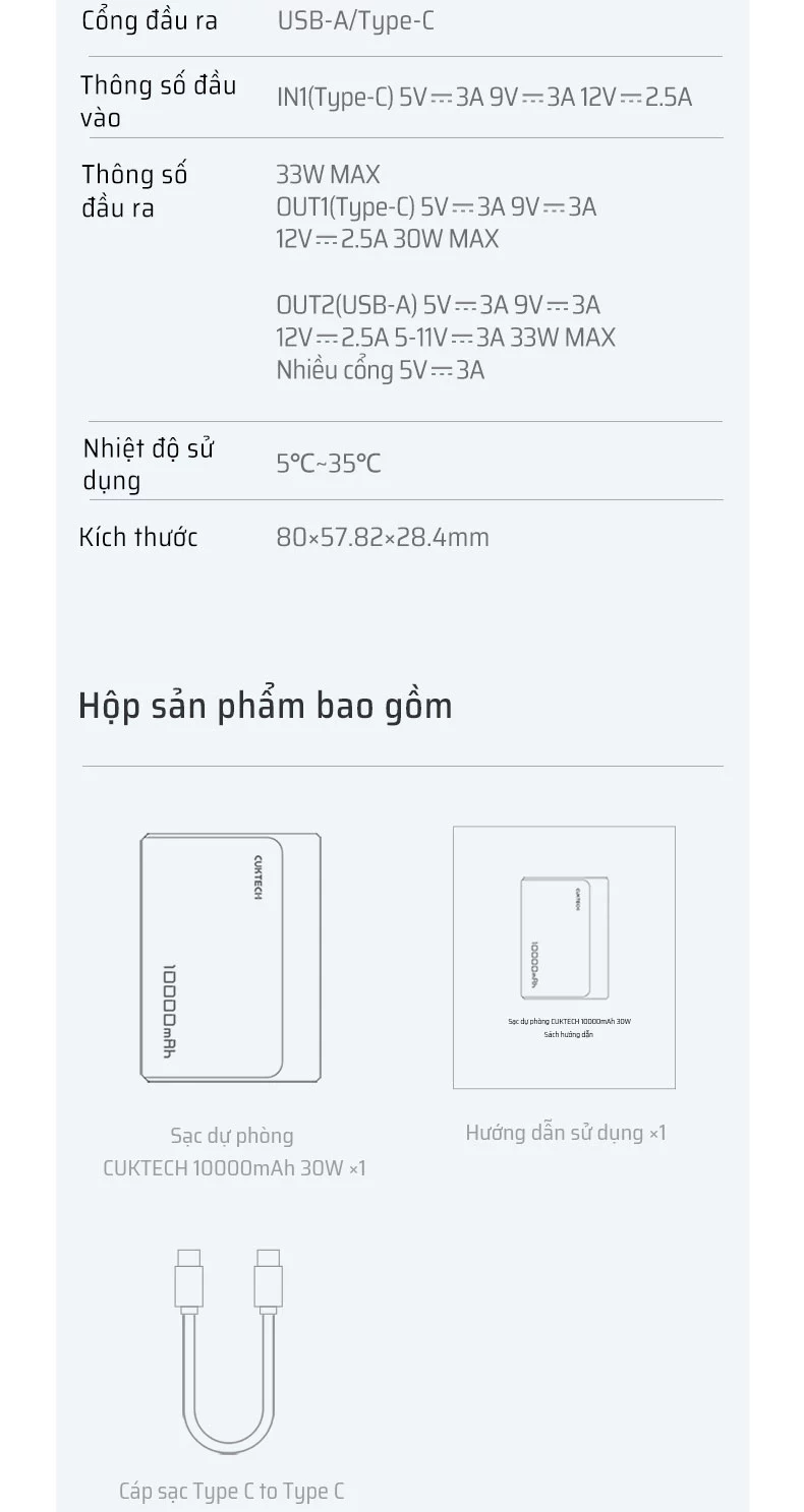 Pin dự phòng Cuktech 10.000mAh Power Bank 30W PD3.0/PPS/QC3.0/QC - PB100