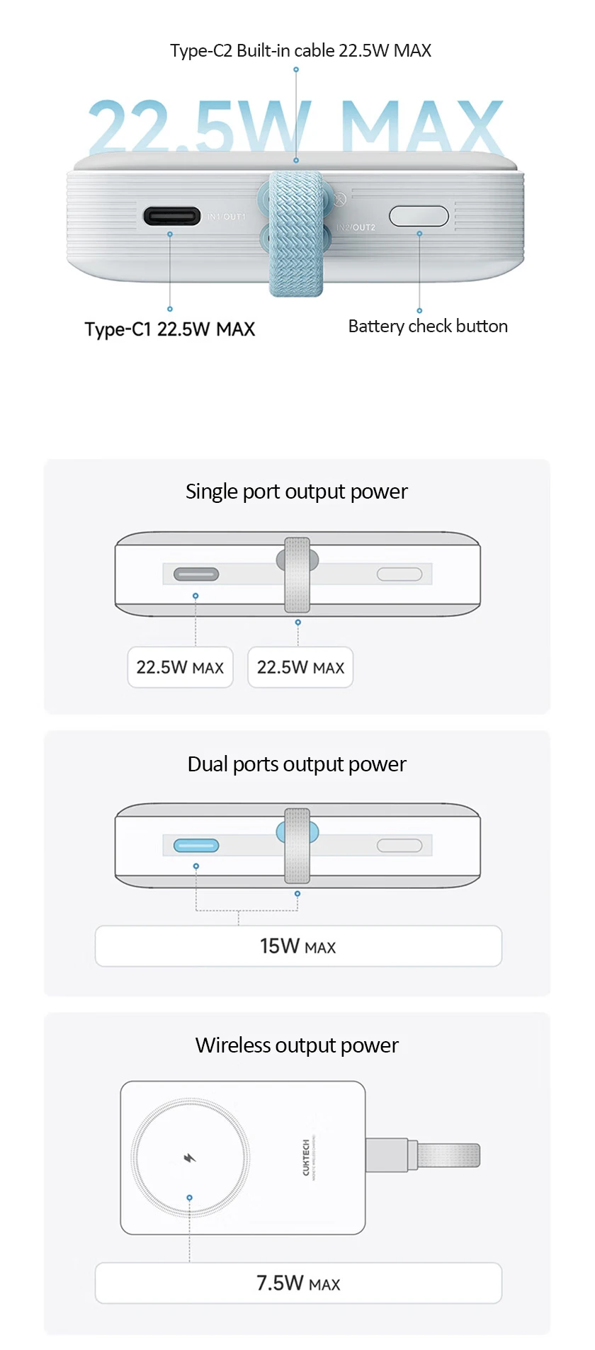 Sạc dự phòng không dây Cuktech 10.000mAh Hít từ tính + Tích hợp cáp Type C - WPB100L - Cuktech Việt Nam