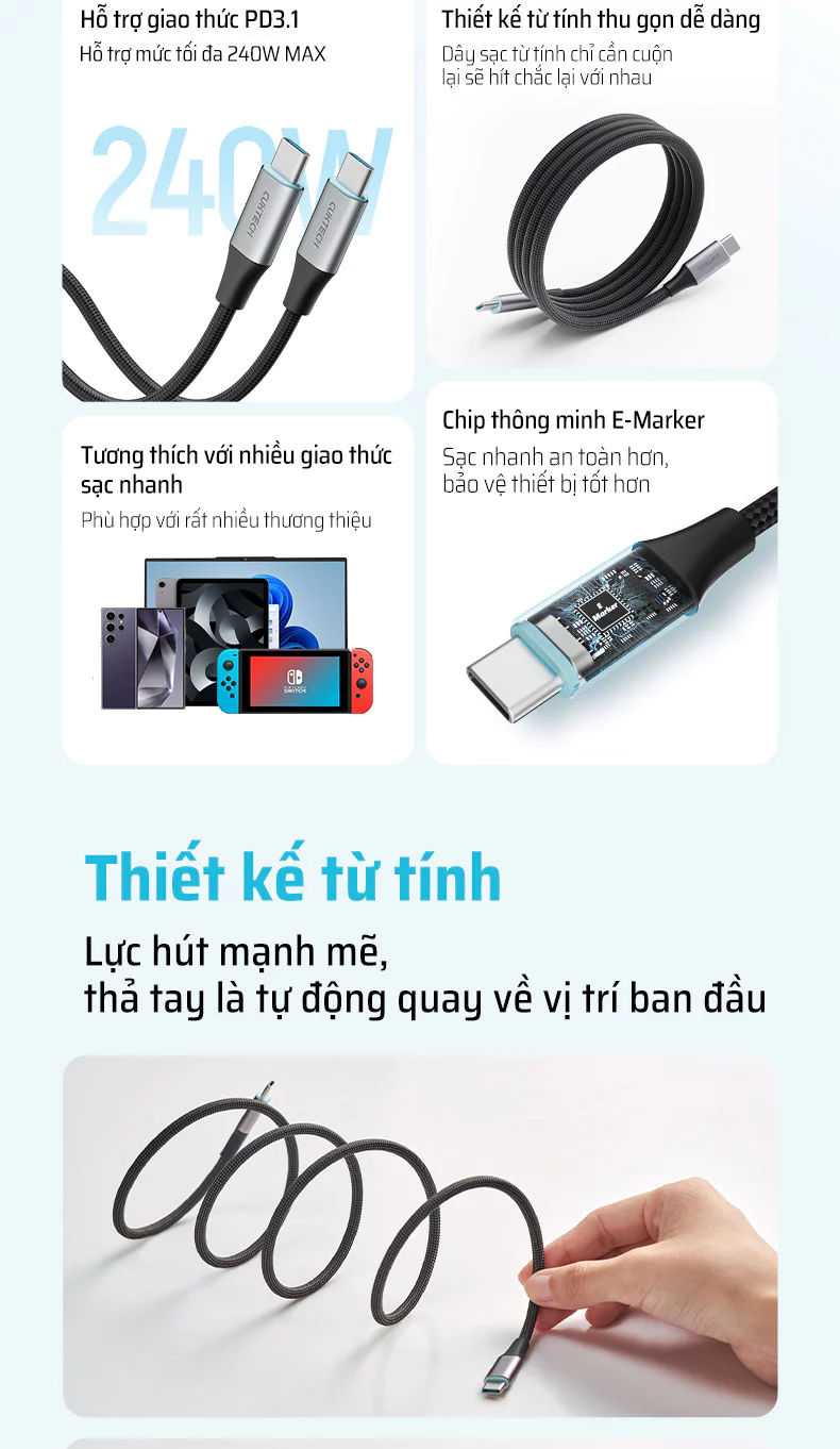 Cáp dù Cuktech C to C 6A 240W hít từ tính PD3.1/Mi Turbro - CMC610