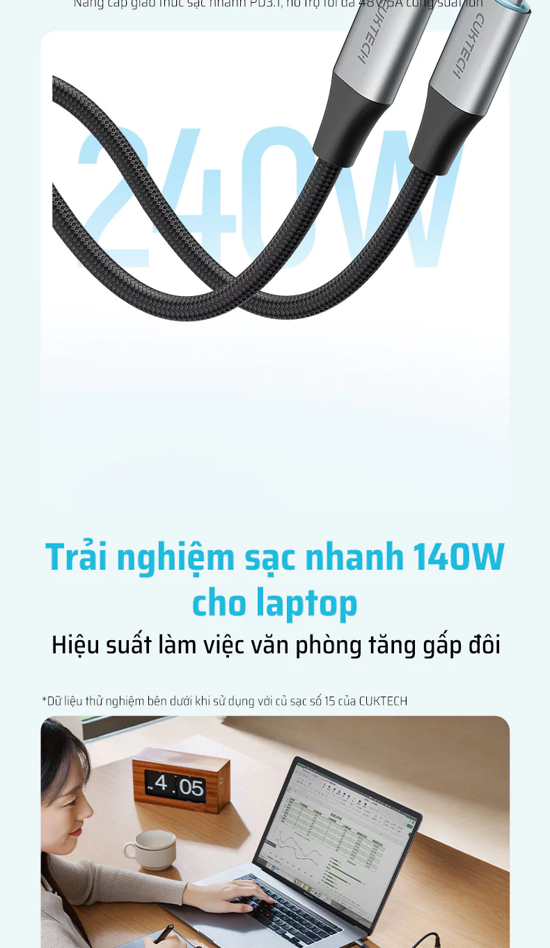 Cáp dù Cuktech C to C 6A 240W hít từ tính PD3.1/Mi Turbro - CMC610