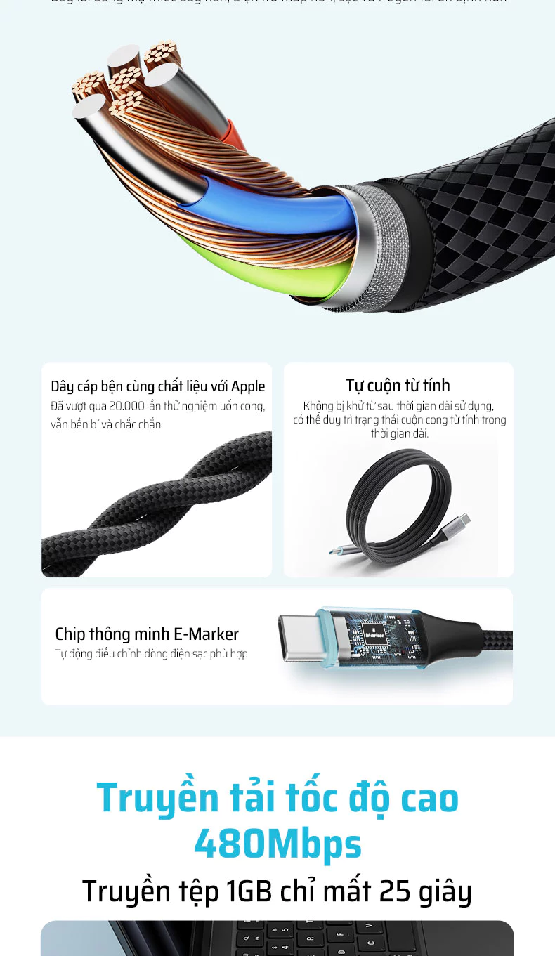 Cáp dù Cuktech C to C 6A 240W hít từ tính PD3.1/Mi Turbro - CMC610