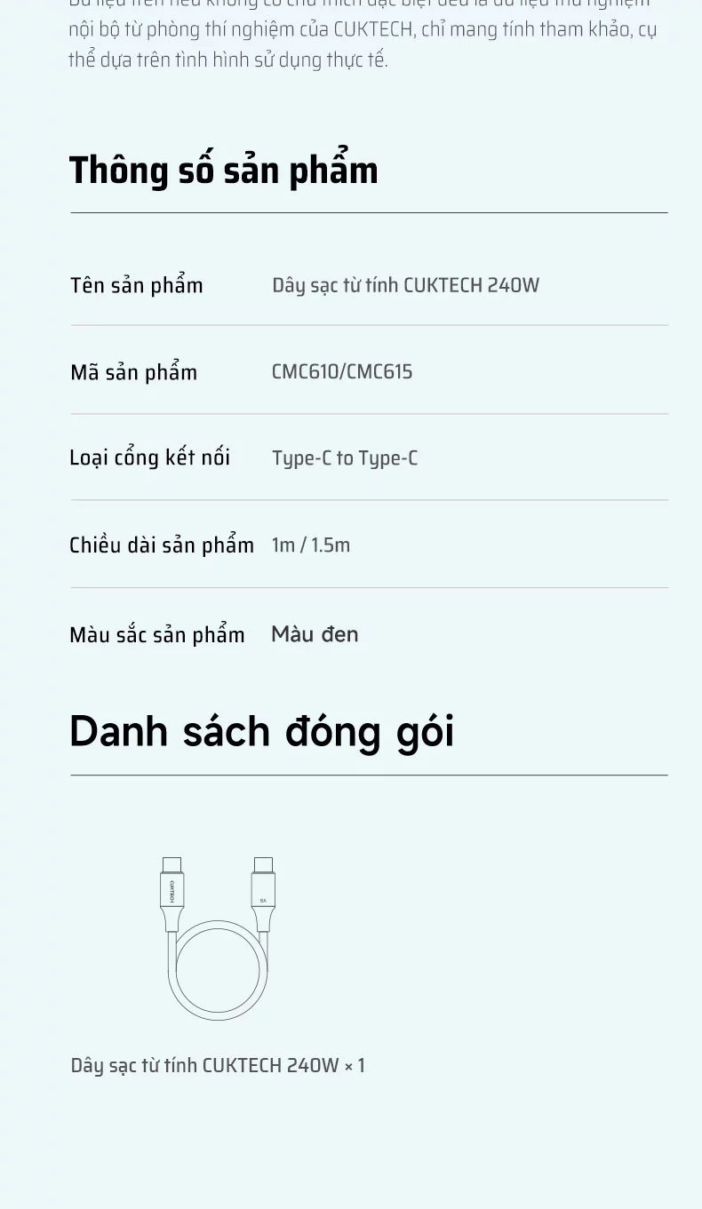 Cáp dù Cuktech C to C 6A 240W hít từ tính PD3.1/Mi Turbro - CMC610