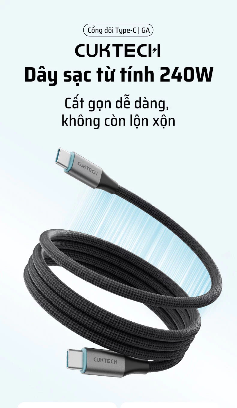 Cáp dù Cuktech C to C 6A 240W hít từ tính PD3.1/Mi Turbro - CMC610