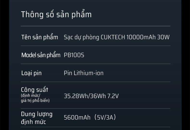 Pin dự phòng Cuktech 10.000mAh Power Bank 30W PD3.0/PPS/QC3.0 – PB100S