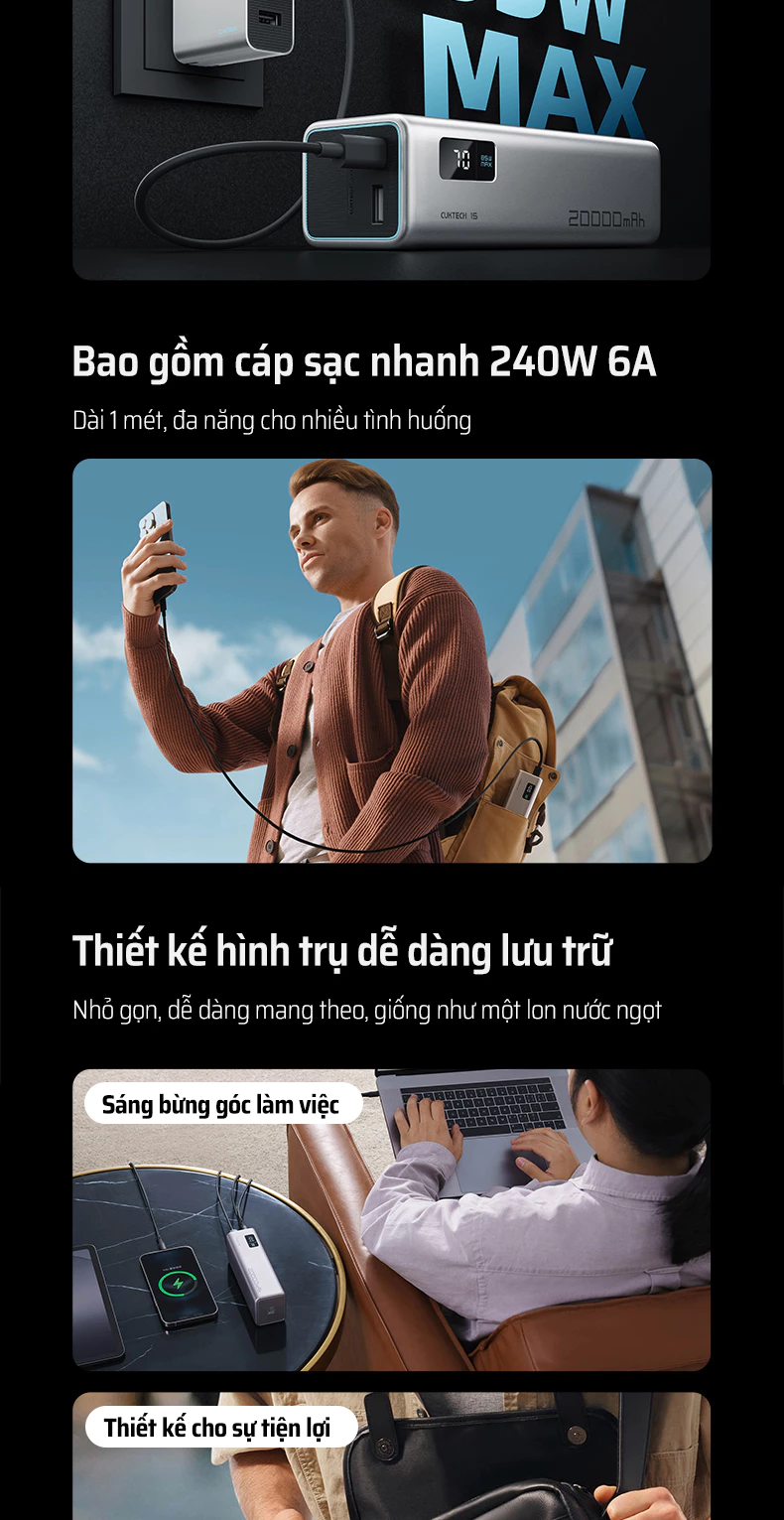 Pin dự phòng Cuktech 15 SE Power Bank 20.000mAh 150W PD3.1/PPS5A/QC/Mi Turbro 100W – PB200