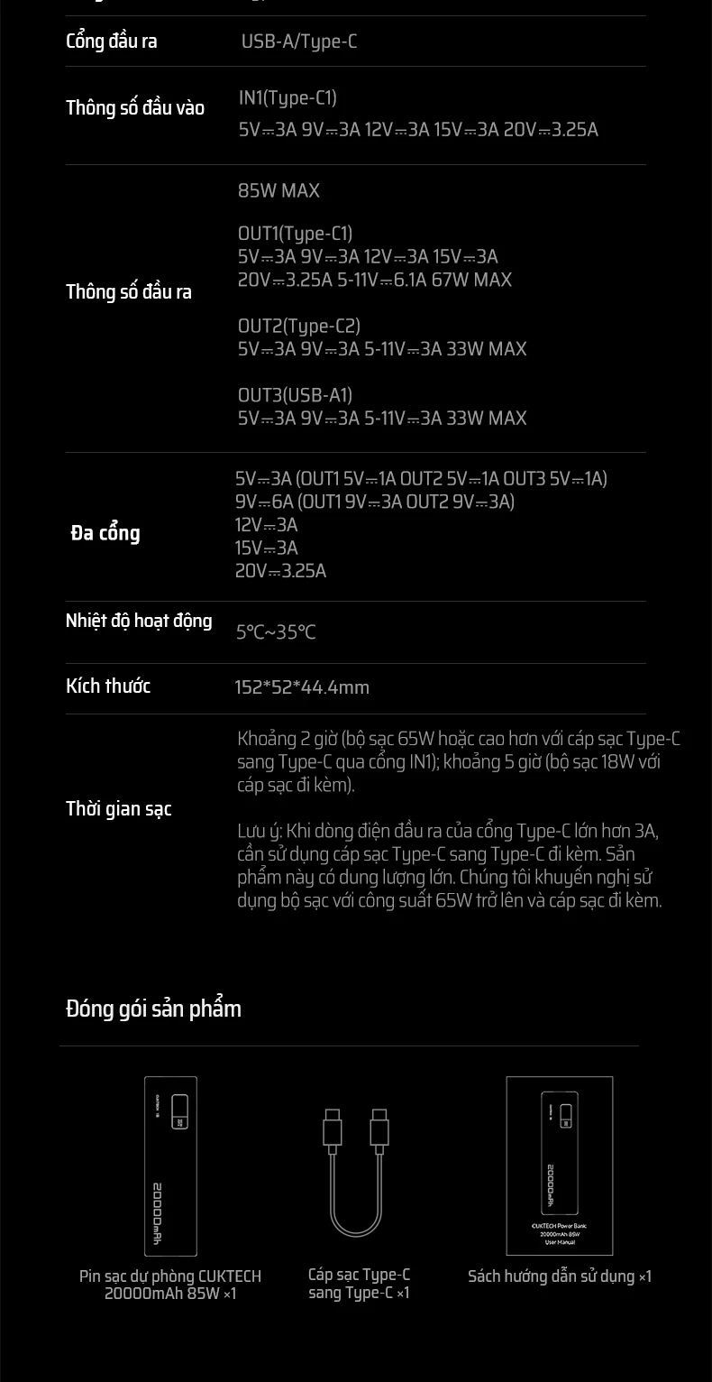 Pin dự phòng Cuktech 15 SE Power Bank 20.000mAh 150W PD3.1/PPS5A/QC/Mi Turbro 100W – PB200
