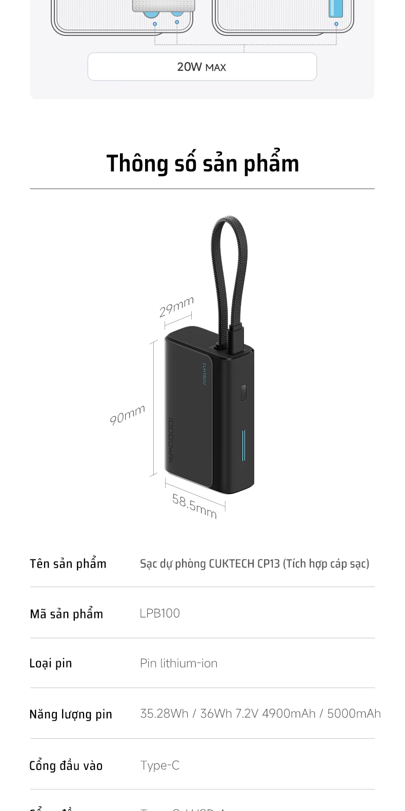 Pin dự phòng Cuktech CP13 10.000mAh Power Bank 30W PD3.0/PPS/QC3.0/QC (cáp Type-C Build-In) – LPB100