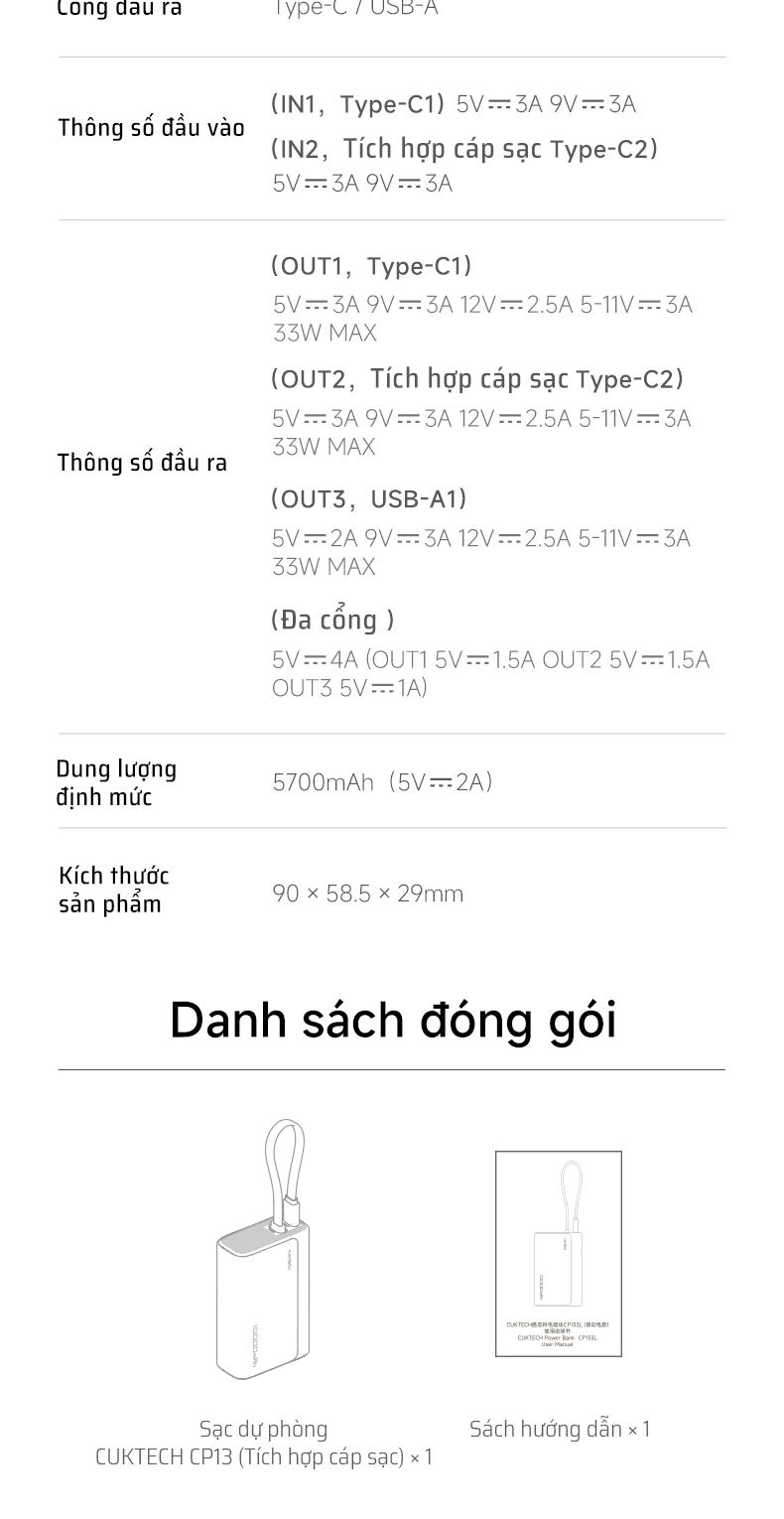 Pin dự phòng Cuktech CP13 10.000mAh Power Bank 30W PD3.0/PPS/QC3.0/QC (cáp Type-C Build-In) – LPB100