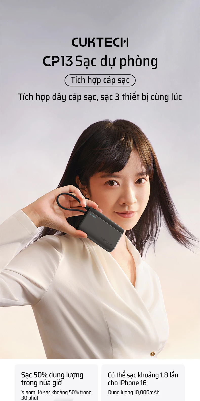 Pin dự phòng Cuktech CP13 10.000mAh Power Bank 30W PD3.0/PPS/QC3.0/QC (cáp Type-C Build-In) – LPB100