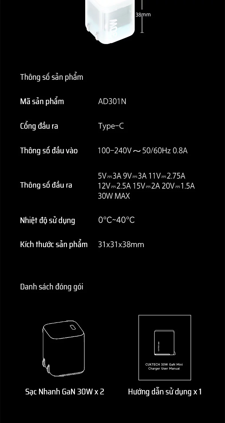 Sạc nhanh Cuktech 30W trong suốt siêu nhỏ PD3.0/PPS/QC3.0 – AD301N