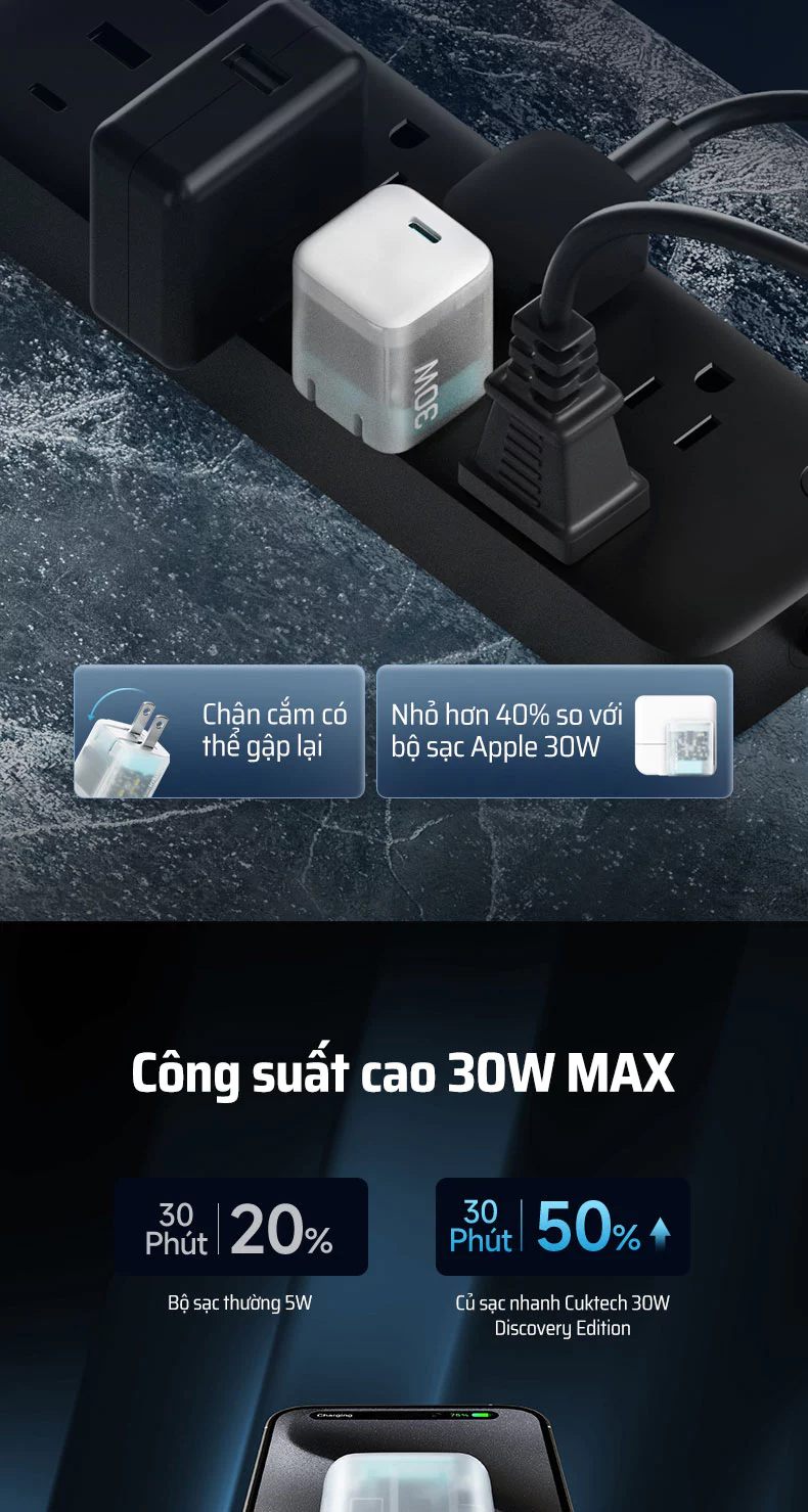 Sạc nhanh Cuktech 30W trong suốt siêu nhỏ PD3.0/PPS/QC3.0 – AD301N