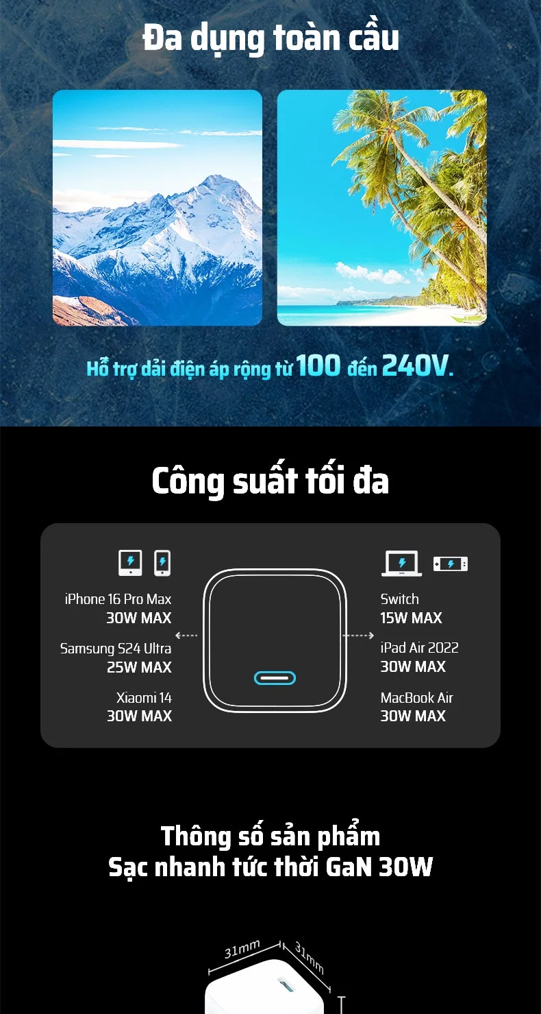 Sạc nhanh Cuktech 30W trong suốt siêu nhỏ PD3.0/PPS/QC3.0 – AD301N